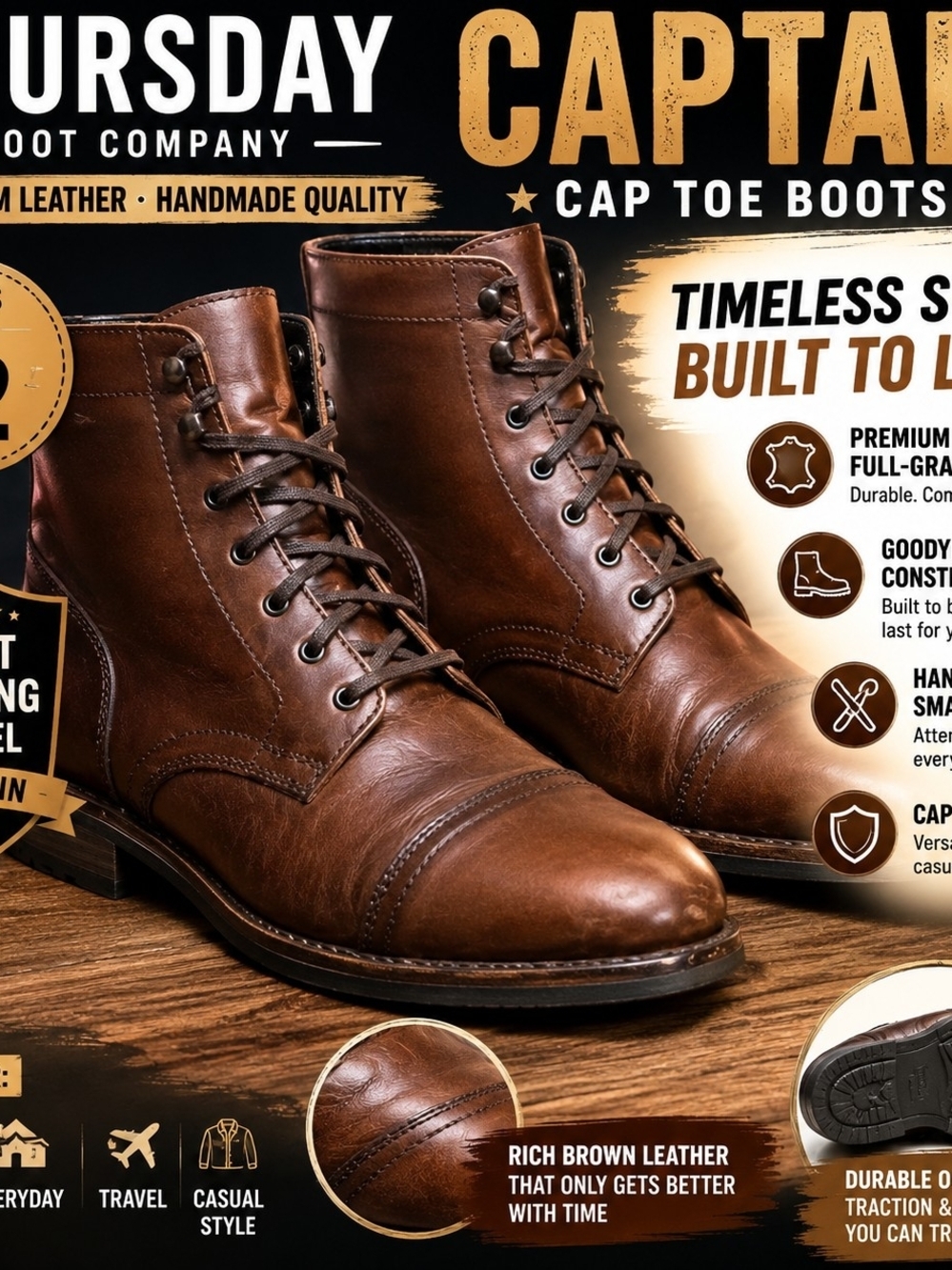 Thursday Boot Company Captain Boots Men's Size 12 Brown Leather Cap Toe Lace Up
